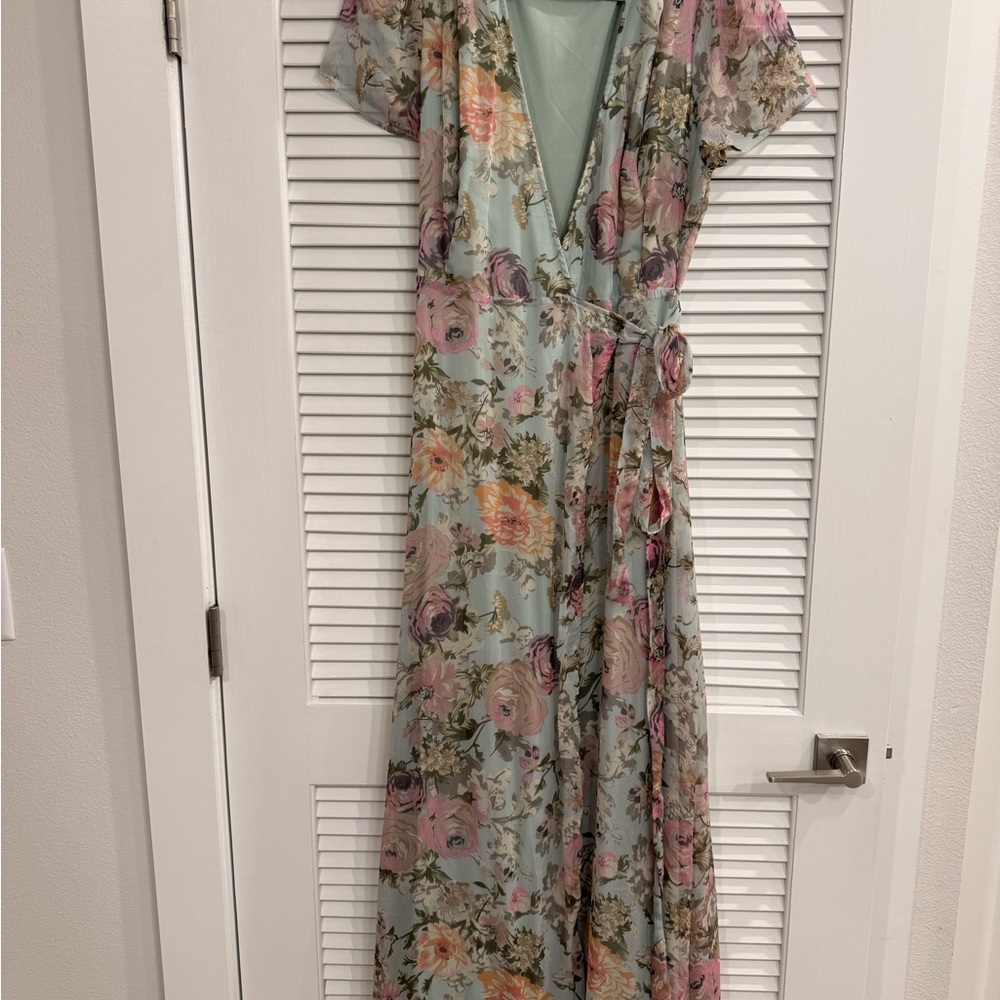 Aakaa Pastel Floral Wrap Maxi Dress in Light Blue and Pink